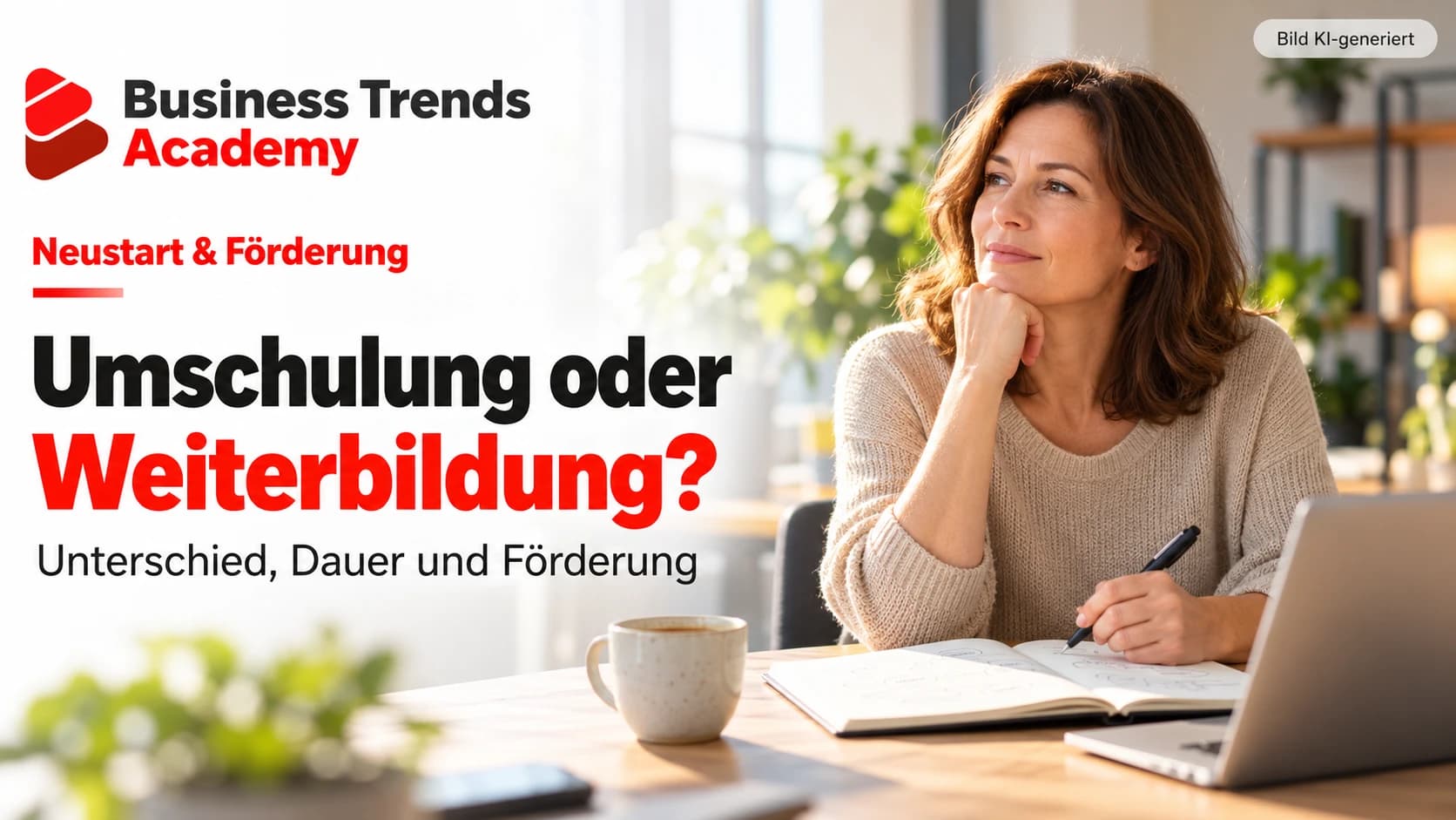 Nachdenkliche Frau mit Notizbuch am hellen Tisch. Text „Umschulung oder Weiterbildung? Unterschied, Dauer und Förderung“.