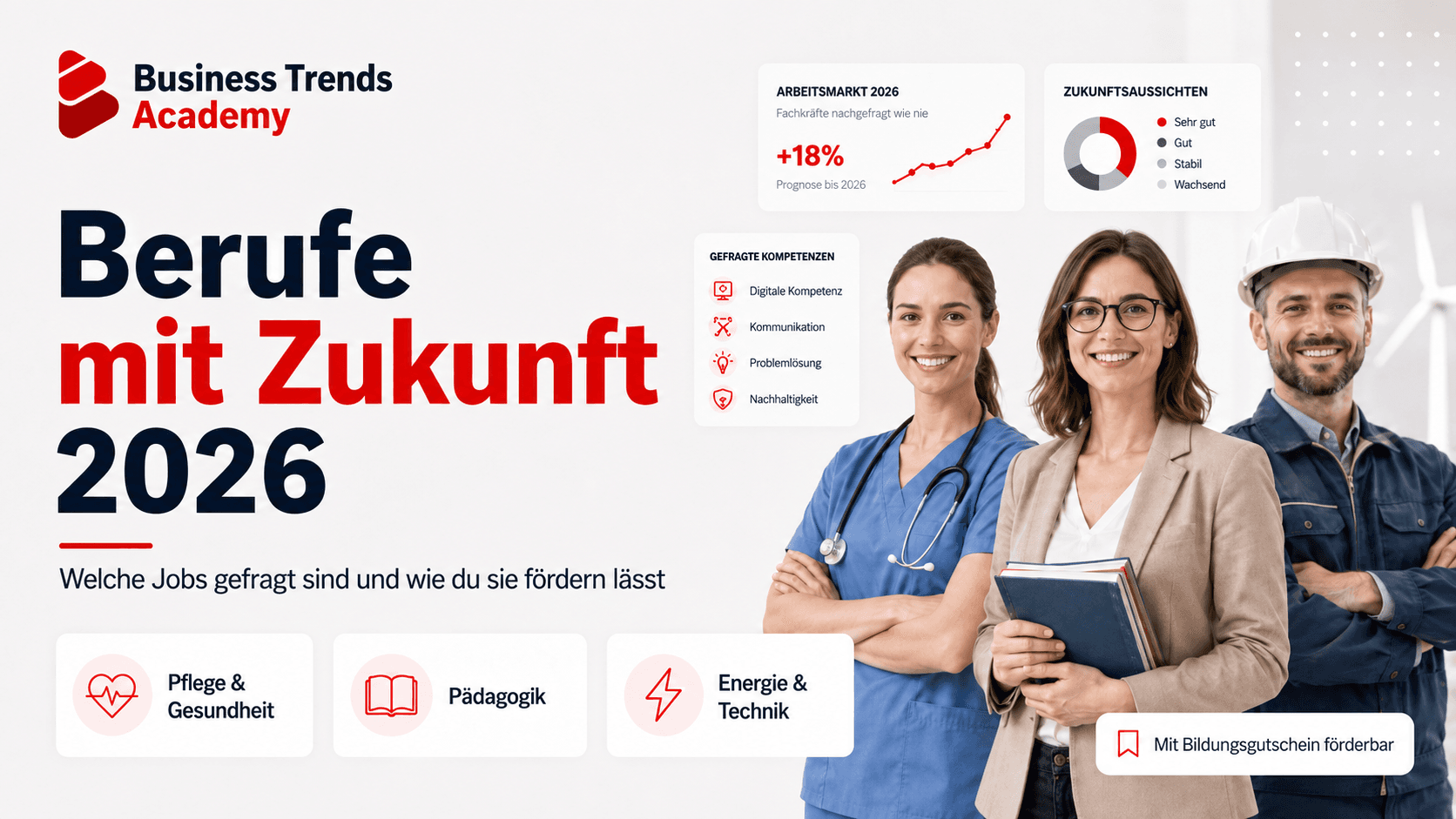 Drei Personen aus Pflege, Pädagogik und Technik stehen vor einer Übersicht zu Berufen mit Zukunft 2026