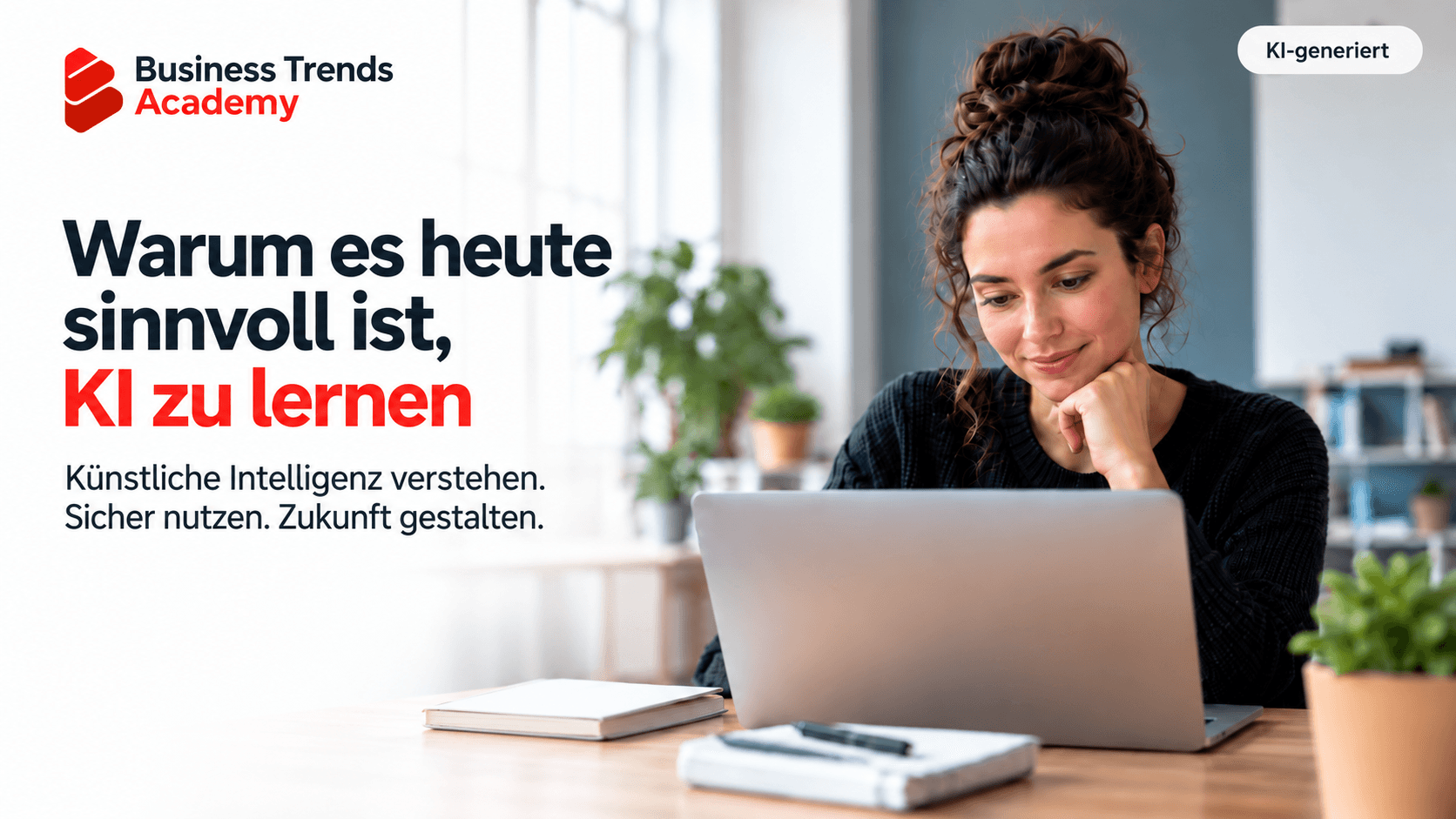 Frau arbeitet am Laptop und lernt den sinnvollen Umgang mit künstlicher Intelligenz im Berufsalltag