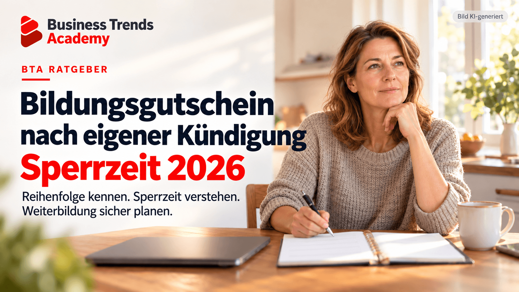 Frau sitzt nachdenklich am Tisch mit Notizbuch und Stift, neben einer Kaffeetasse, mit Text zum Bildungsgutschein und Sperrzeit 2026.