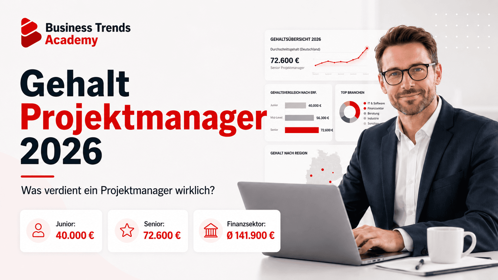 Projektmanager:in im Büro analysiert Gehaltsentwicklung und Karriereplanung am Laptop, Business Trends Academy Ratgeber
