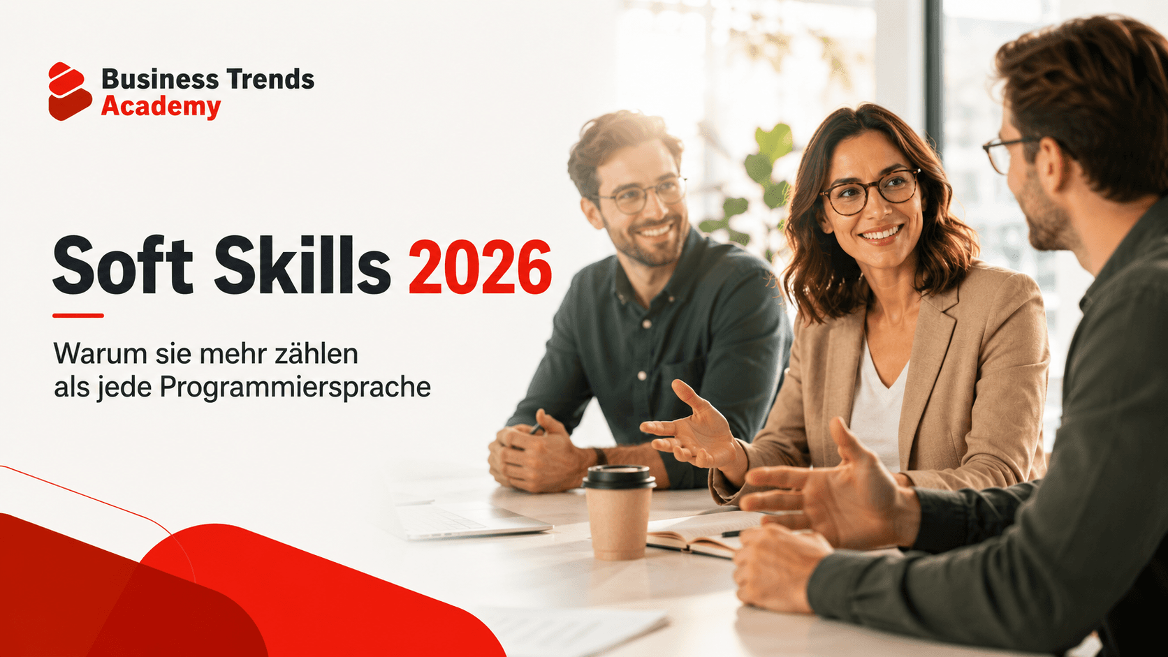 Drei Personen im Gespräch über Soft Skills 2026 wie Kommunikation, Teamarbeit und Problemlösungskompetenz