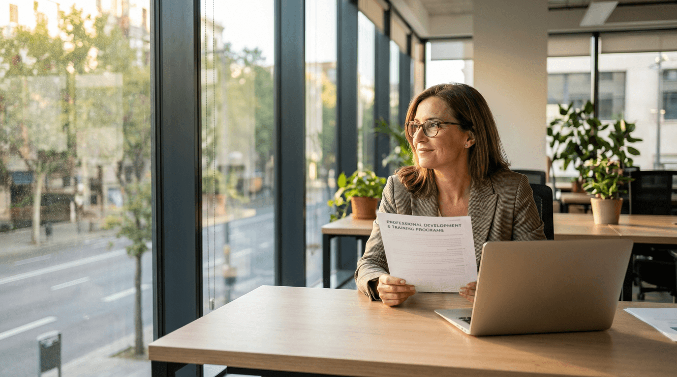 Frau sitzt zuversichtlich am Schreibtisch mit Laptop und Dokument – Symbol für berufliche Neuorientierung und Weiterbildung.