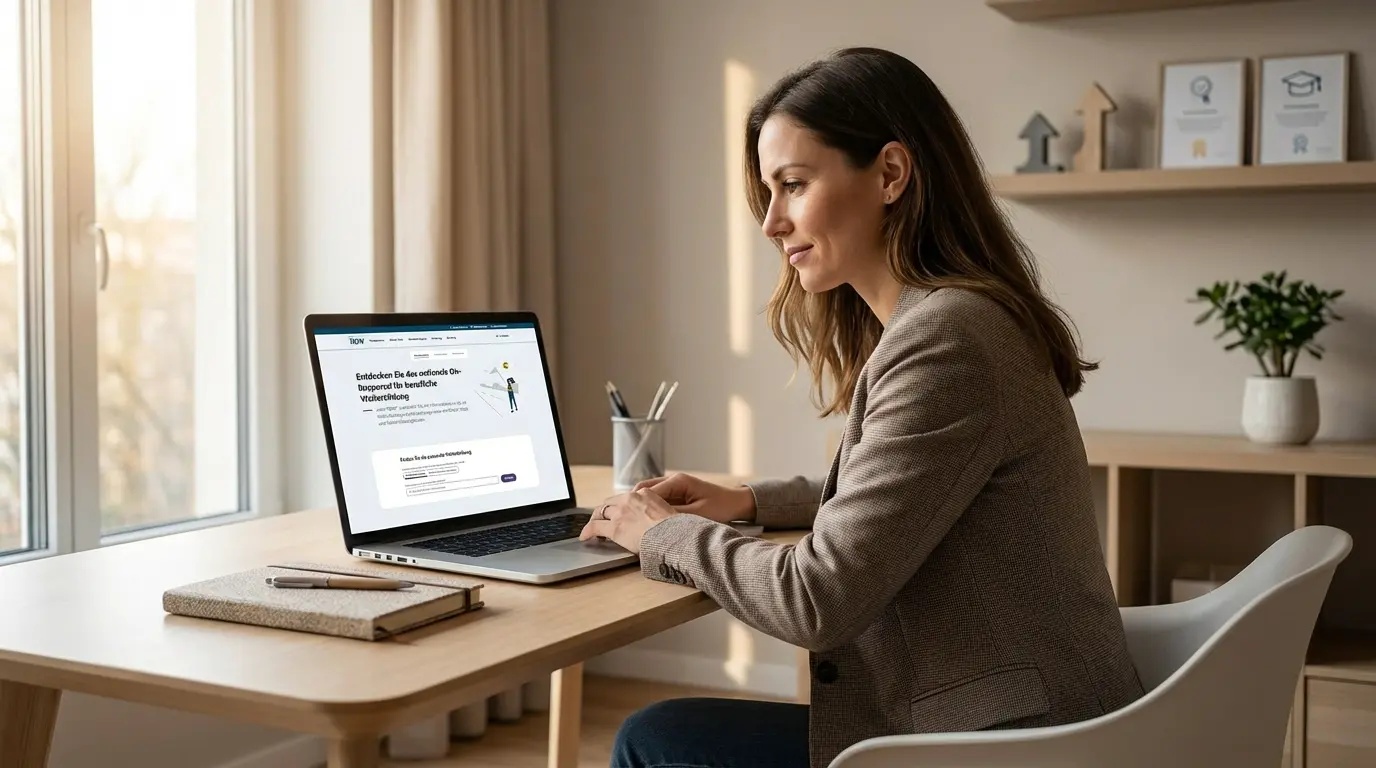 Person nutzt mein NOW Weiterbildungsportal am Laptop, um geförderte Weiterbildungsangebote der Bundesagentur für Arbeit zu finden