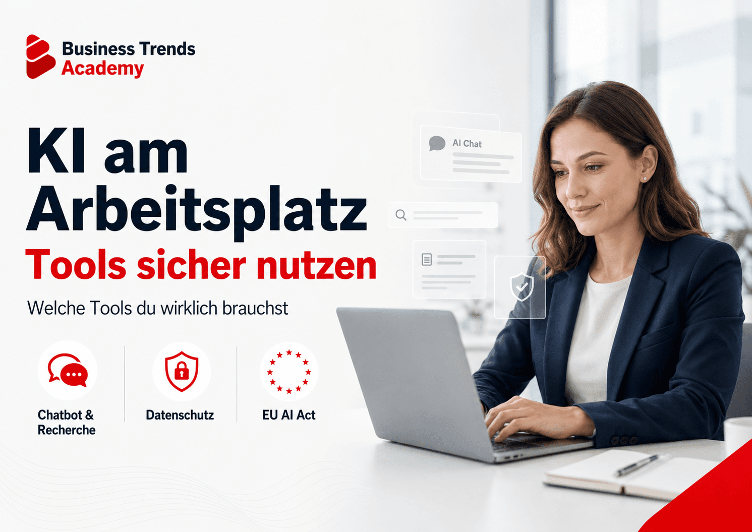 KI am Arbeitsplatz - Tools sicher nutzen. Frau nutzt KI am Laptop