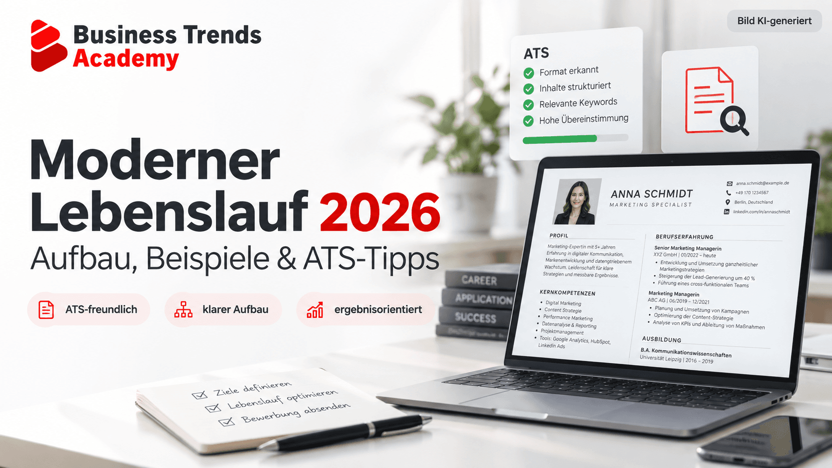 Beitragsbild zu modernem Lebenslauf 2026 mit Laptop, Lebenslauf-Vorlage und ATS-Hinweisen für Bewerbungen