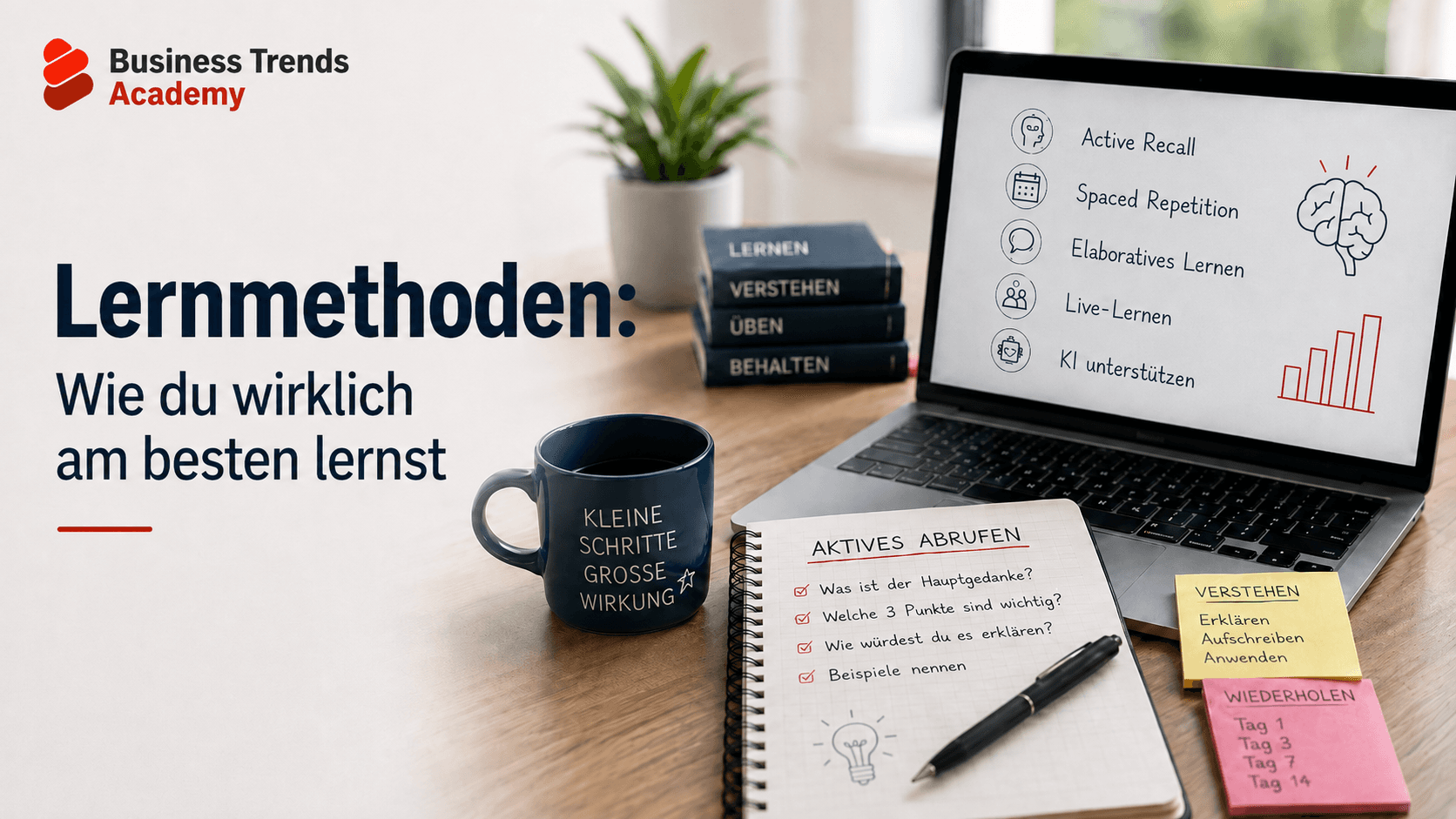 Schreibtisch mit Laptop, Notizbuch und Lernmethoden wie Active Recall, Spaced Repetition und Live-Lernen