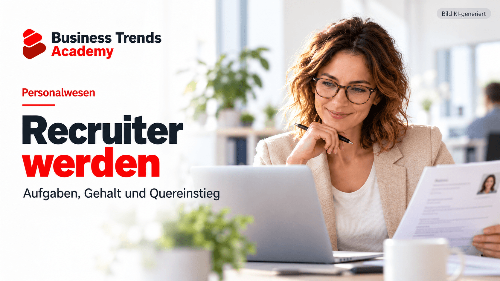 Frau mit Brille und Blazer, die am Laptop sitzt und ein Dokument liest. Text "Recruiter werden: Aufgaben, Gehalt und Quereinstieg".