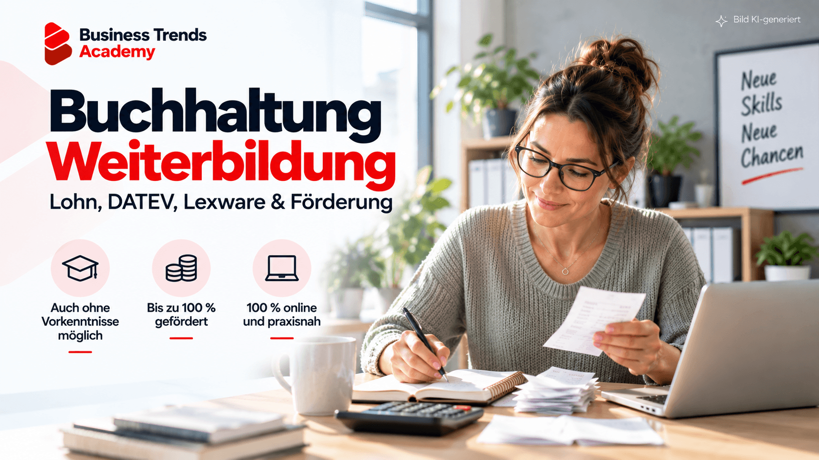 Frau um die 40 sortiert am hellen Schreibtisch Belege neben dem Laptop, Einstieg in die Buchhaltung Weiterbildung